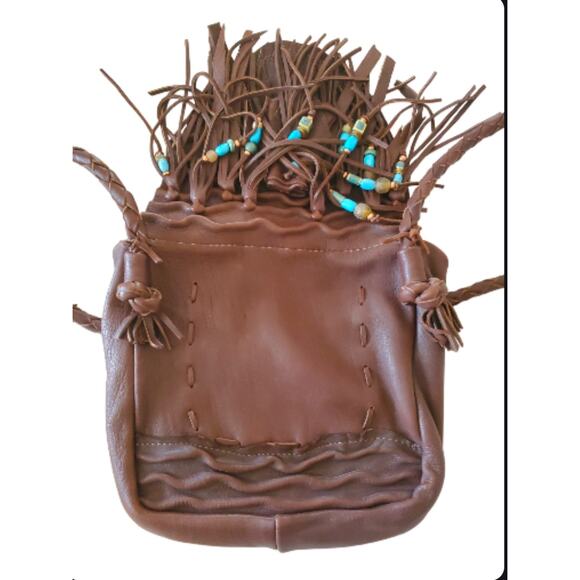 Soft Brown Leather Shoulder Bag Fringe Purse Boho Western Handbag Turquoise SW - Picture 3 of 13